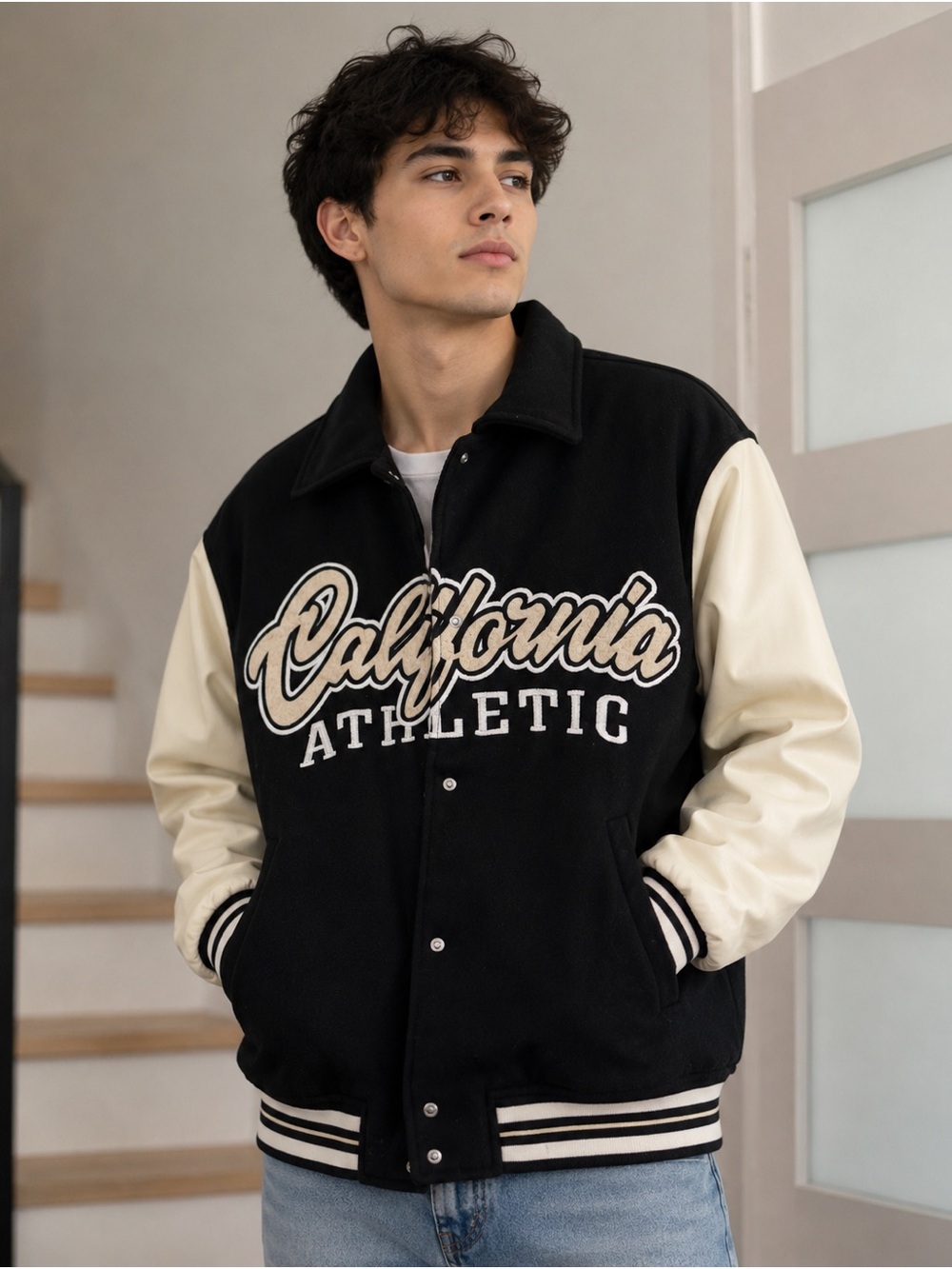 H&M Two-Tone California Athletic Varsity Jacket - Black & Cream